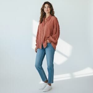 Jodifl Women's Sienna Swiss Dot Long Sleeve Chiffon Top Blouse Size L New